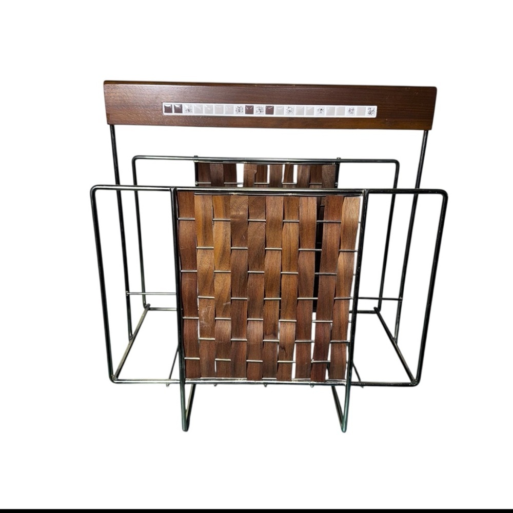 Tony Paul MCM Walnut Weave Magazine Rack with Tile Detail
